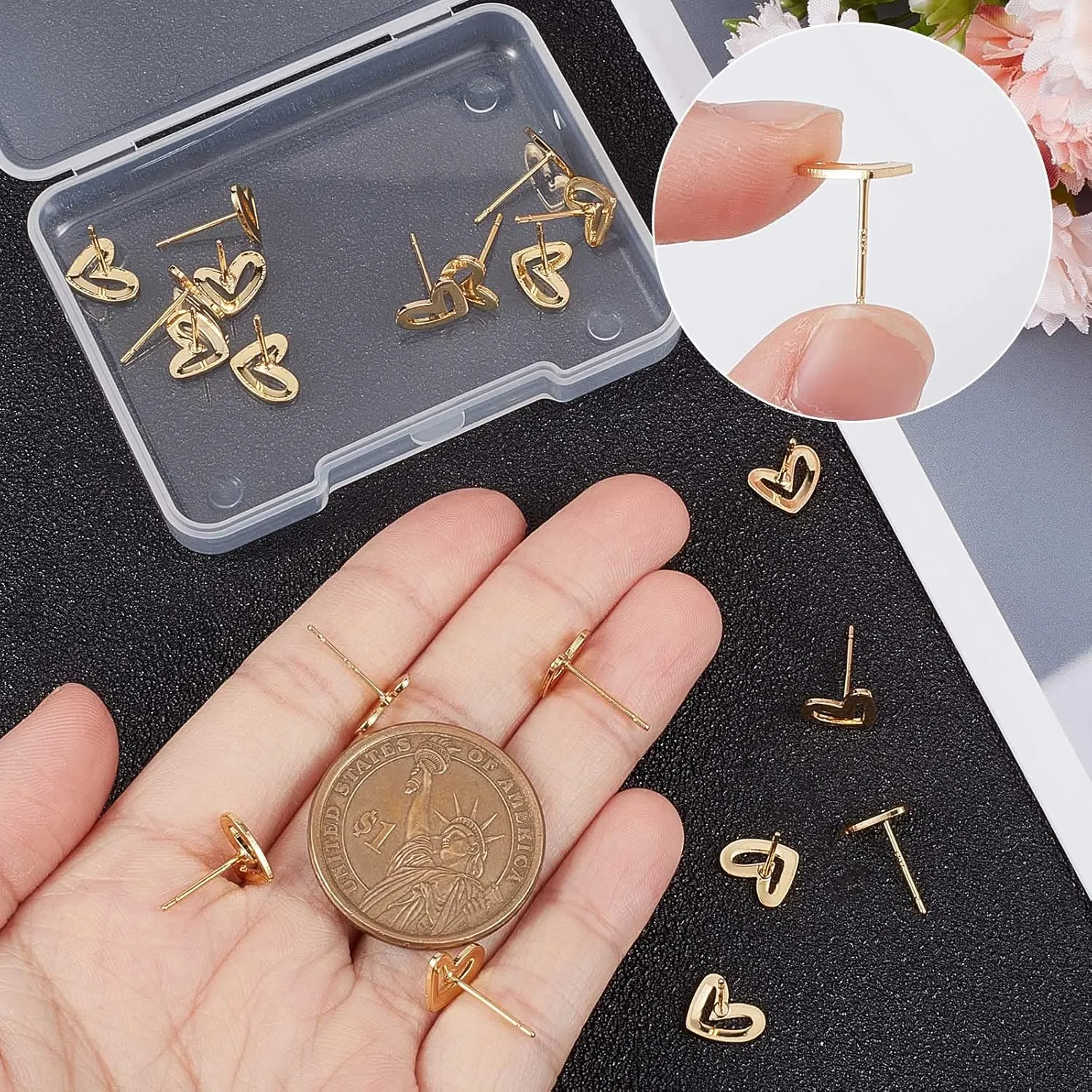 Beebeecraft 1 Box Heart Stud Earring Findings Gold Plated Stud Earring with Loops for Mother's Day Valentine's Day Birthday Anniversary DIY Earring Making