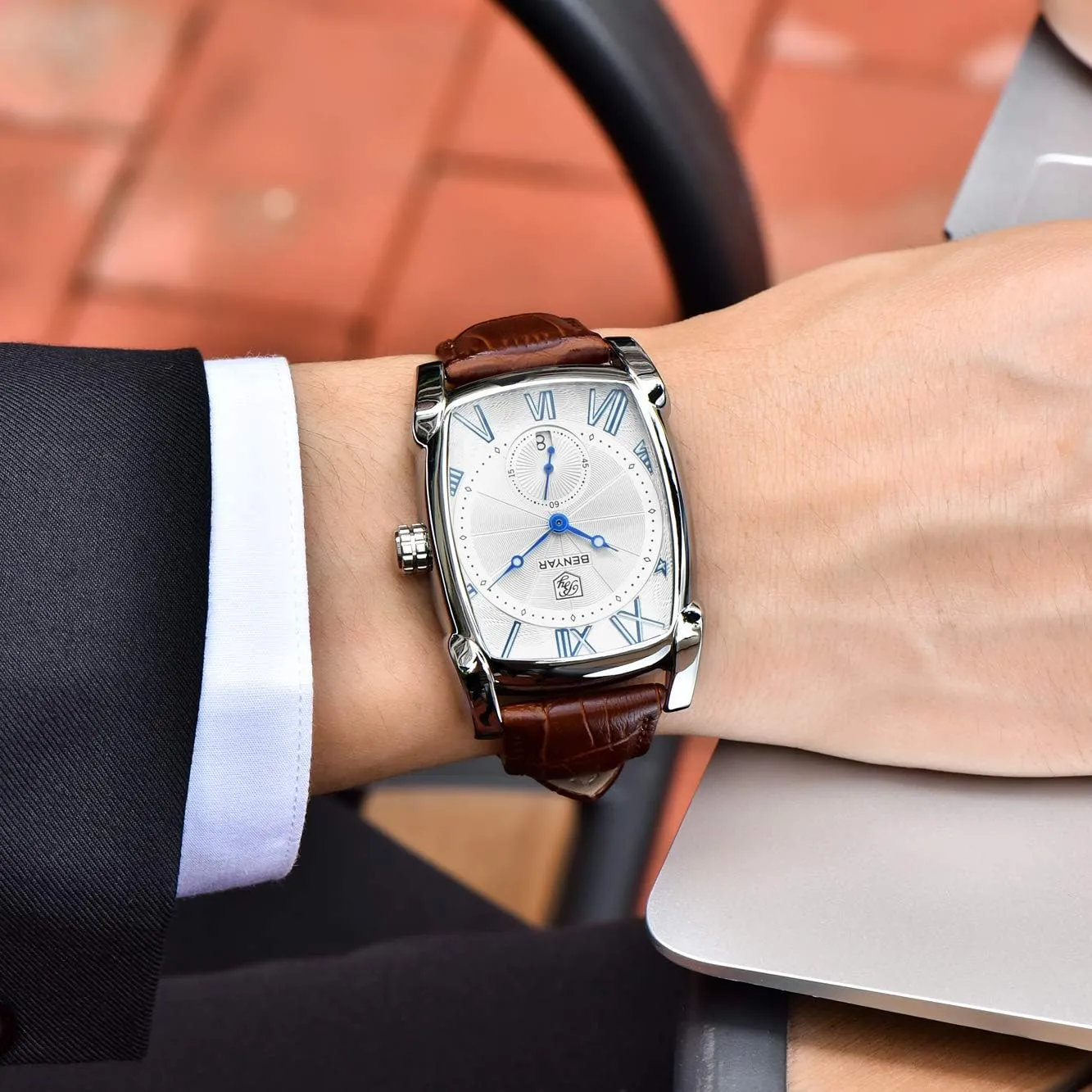 BENYAR Rectangle Wrist Watch for Men with Leather Strap, Men's Retro Fashion Casual Classic Watches Perfect Gifts for Friend