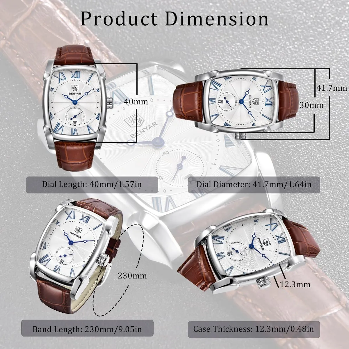 BENYAR Rectangle Wrist Watch for Men with Leather Strap, Men's Retro Fashion Casual Classic Watches Perfect Gifts for Friend
