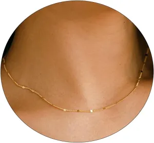 BERISO 14K Gold/Silver Plated Satellite Choker Shining Dots Station Box Chain 3 Blue Beads Sparkle Chain Necklace Open Hearts Open Stars Link Chain Exquisite Jewelry for women