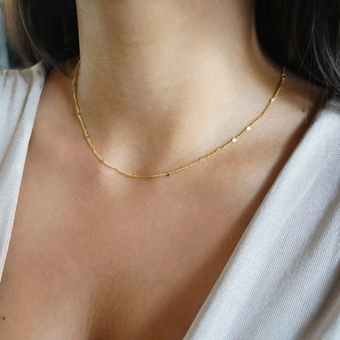 BERISO 14K Gold/Silver Plated Satellite Choker Shining Dots Station Box Chain 3 Blue Beads Sparkle Chain Necklace Open Hearts Open Stars Link Chain Exquisite Jewelry for women