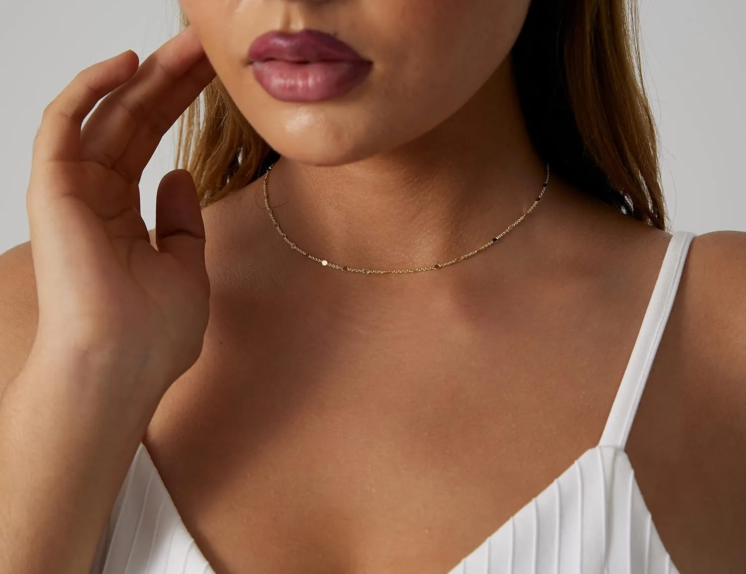 BERISO 14K Gold/Silver Plated Satellite Choker Shining Dots Station Box Chain 3 Blue Beads Sparkle Chain Necklace Open Hearts Open Stars Link Chain Exquisite Jewelry for women