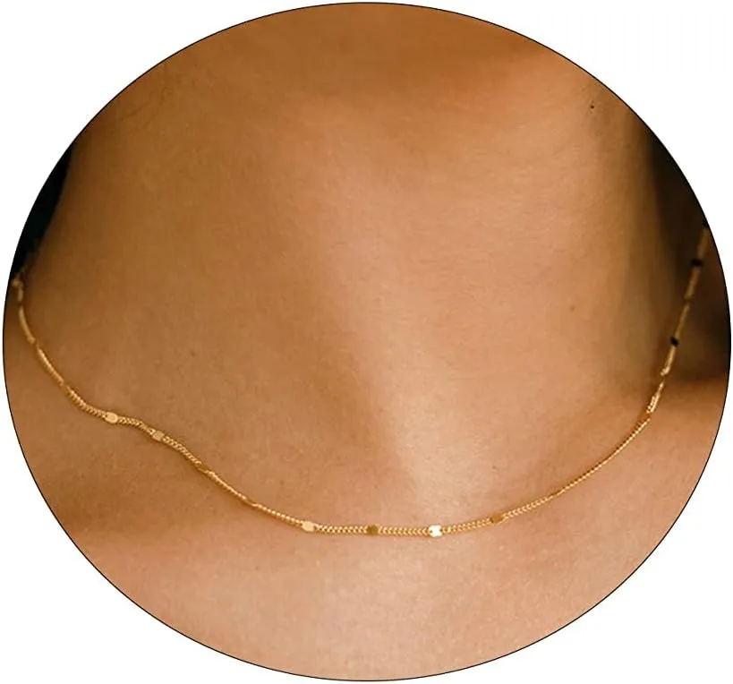 BERISO 14K Gold/Silver Plated Satellite Choker Shining Dots Station Box Chain 3 Blue Beads Sparkle Chain Necklace Open Hearts Open Stars Link Chain Exquisite Jewelry for women