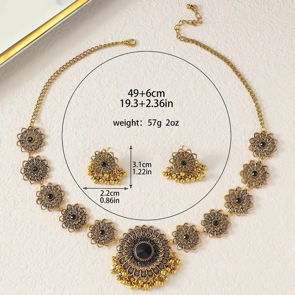 Bethynas Indian Jewelry Set for Women Boho Gold Crystal Flower Choker Necklace Retro Dangle Drop Earrings Traditional Bridal Wedding Belly Dance Accessories Set