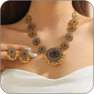 Bethynas Indian Jewelry Set for Women Boho Gold Crystal Flower Choker Necklace Retro Dangle Drop Earrings Traditional Bridal Wedding Belly Dance Accessories Set