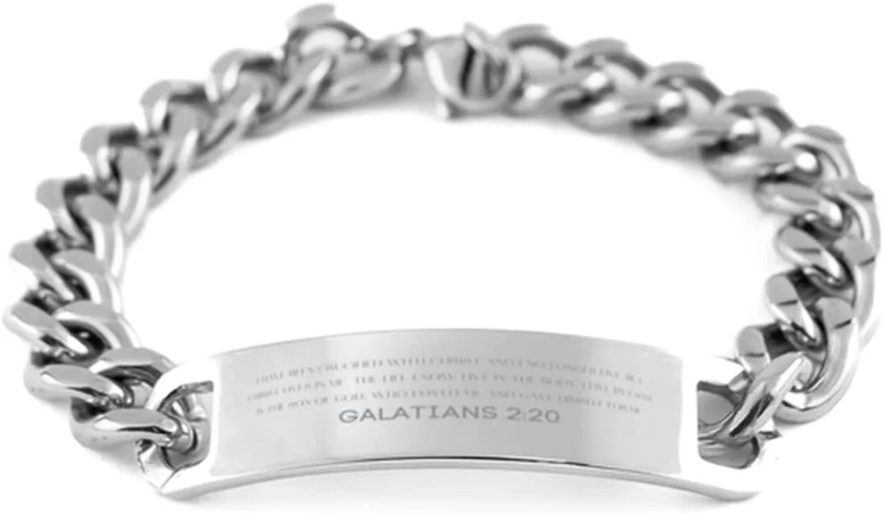 Bible Verse Galatians 2:20 Christian Cuban Chain Bracelet Personalized Gifts Message Prayer Galatians 2:20 Religious Bracelets for Women Men Galatians 2:20 Bible Verse Faith Adjustable Engraved