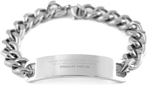 Bible Verse Psalm 145:18 Christian Cuban Chain Bracelet Personalized Gifts Message Prayer Psalm 145:18 Religious Bracelets for Women Men Psalm 145:18 Bible Verse Faith Adjustable Engraved Bracelet The
