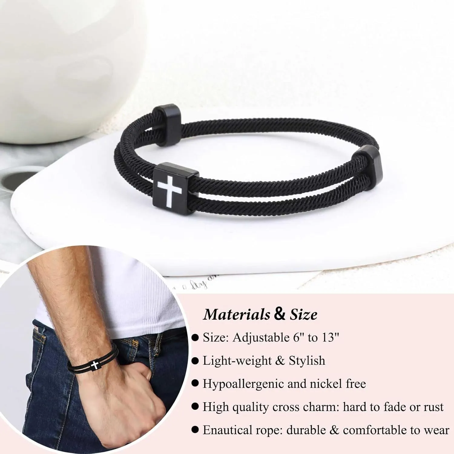 Black Cross Bracelet for Men Boys Birthday Valentines Baptism Confirmation Graduation Christmas Gifts
