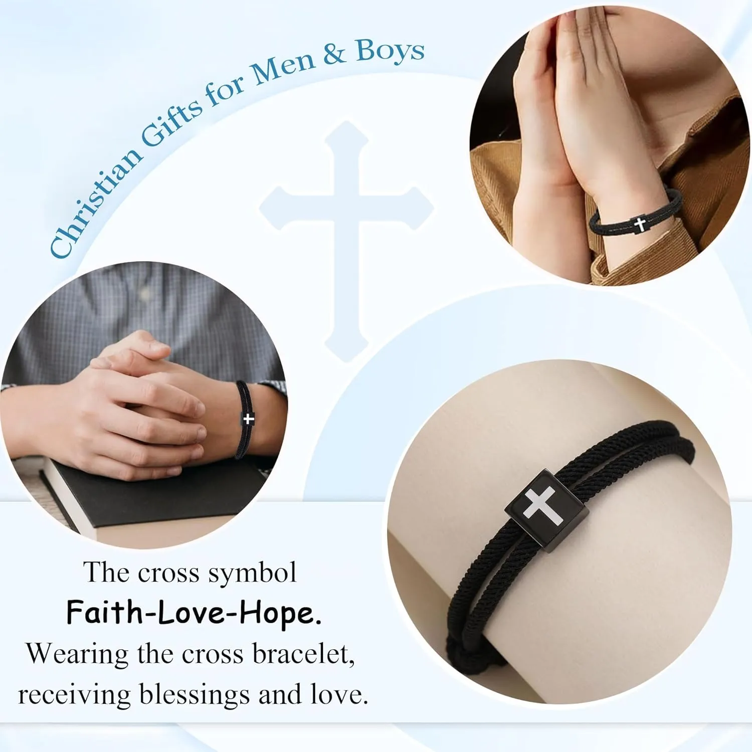Black Cross Bracelet for Men Boys Birthday Valentines Baptism Confirmation Graduation Christmas Gifts