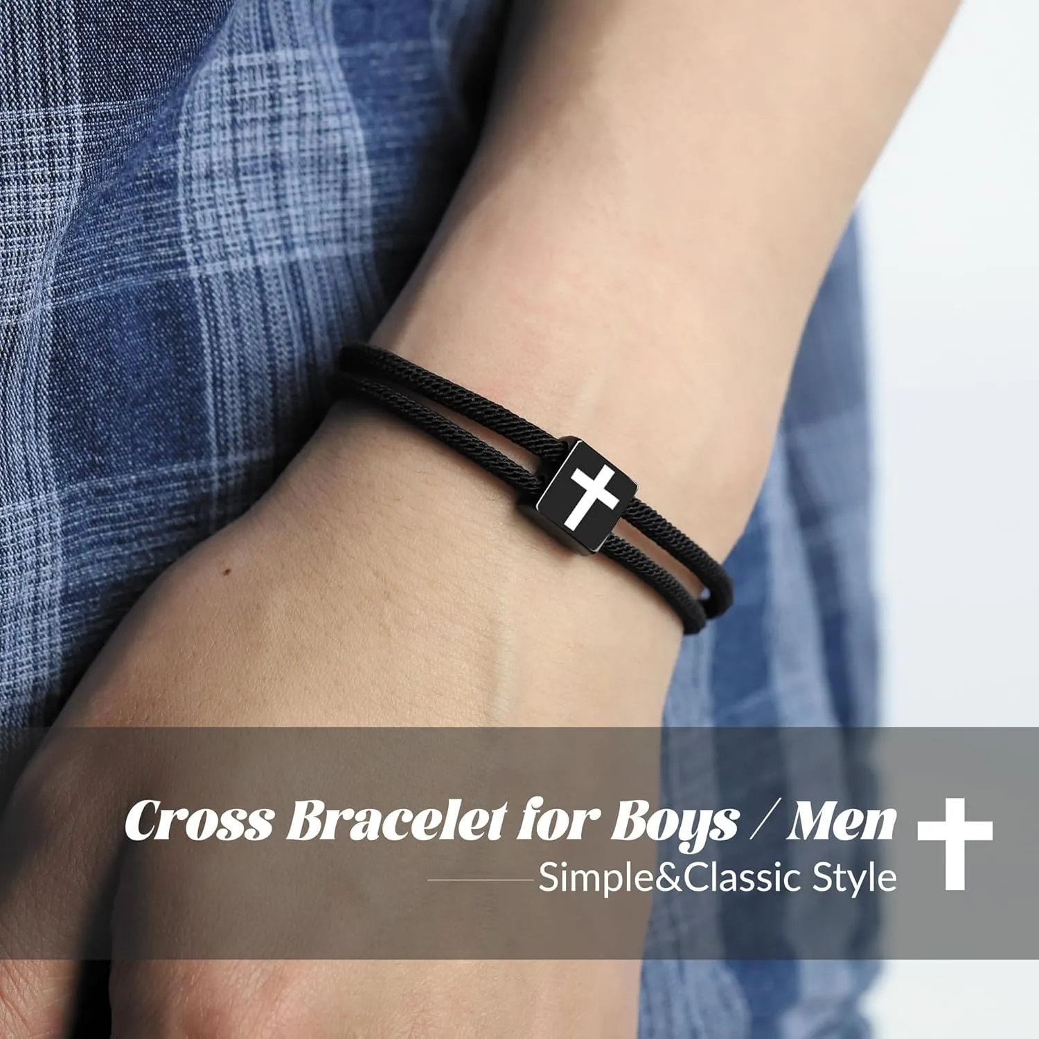 Black Cross Bracelet for Men Boys Birthday Valentines Baptism Confirmation Graduation Christmas Gifts