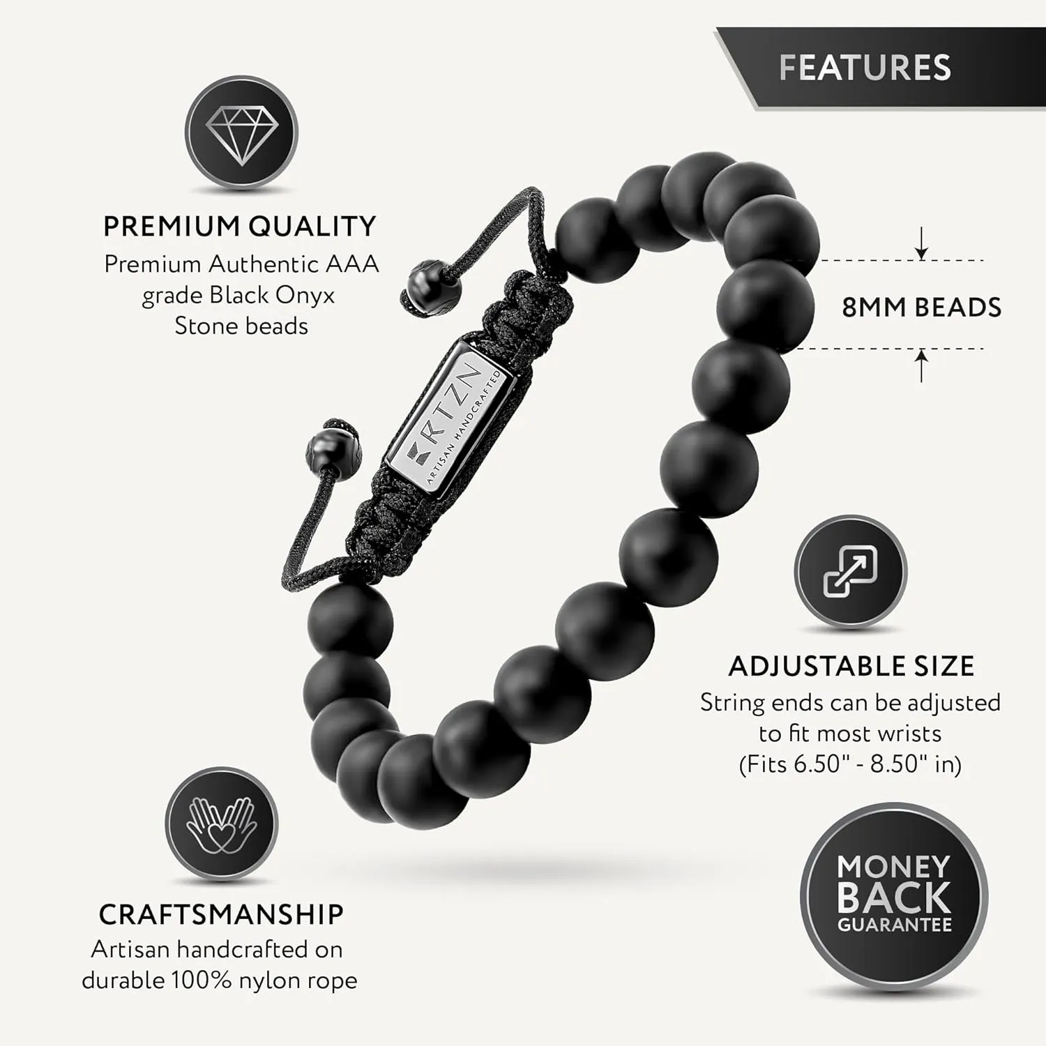 Black Onyx Bracelet for Men  Premium Artisan Handcrafted Authentic Matte Black Beads  8MM Adjustable Mens Beaded Bracelets (Bali)