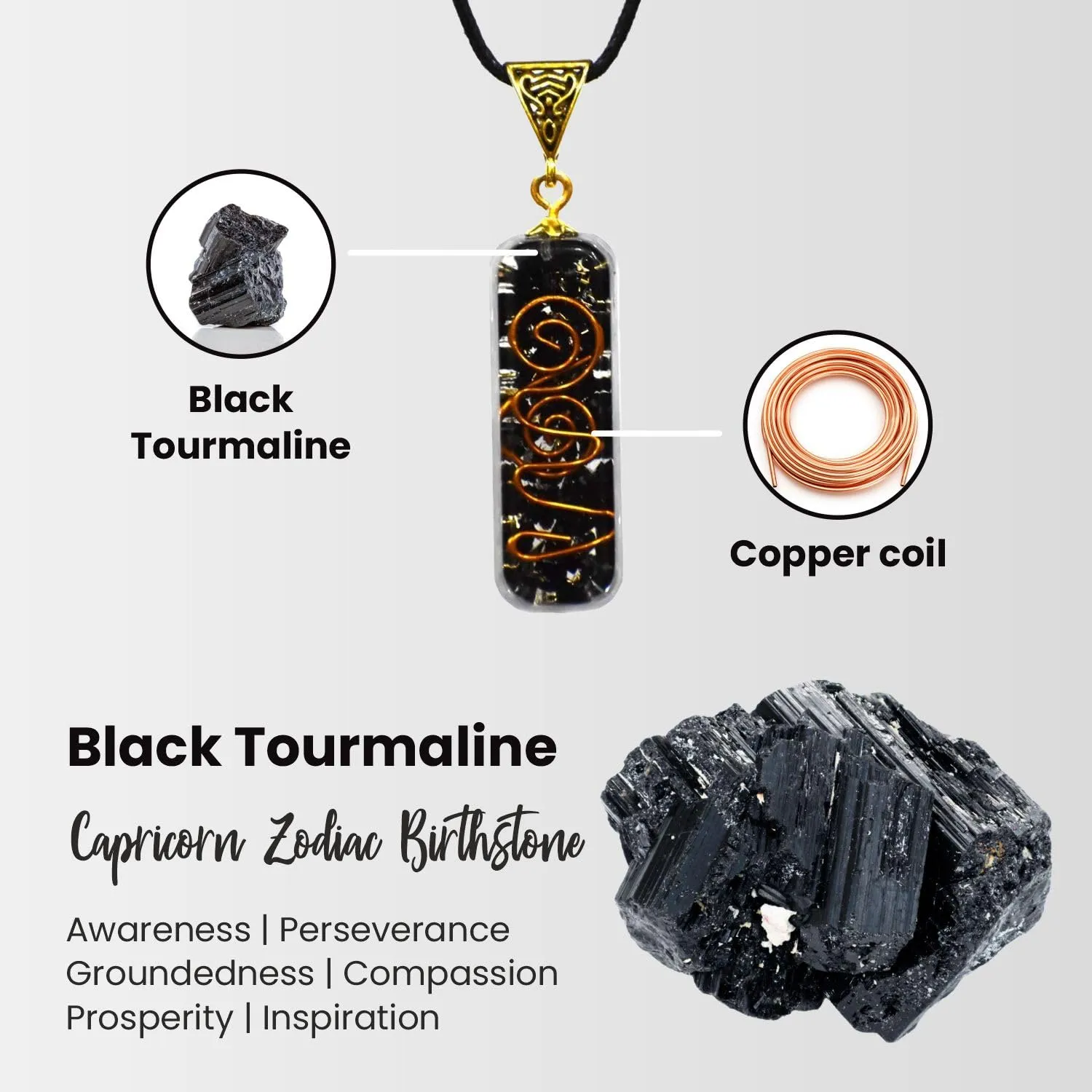 Black Tourmaline Pipe Pendant Necklace, Black Tourmaline Necklace Chakra Jewelry for Women & Men, Self-Healing Handmade Black Tourmaline Crystal Gemstone Necklace for Meditation