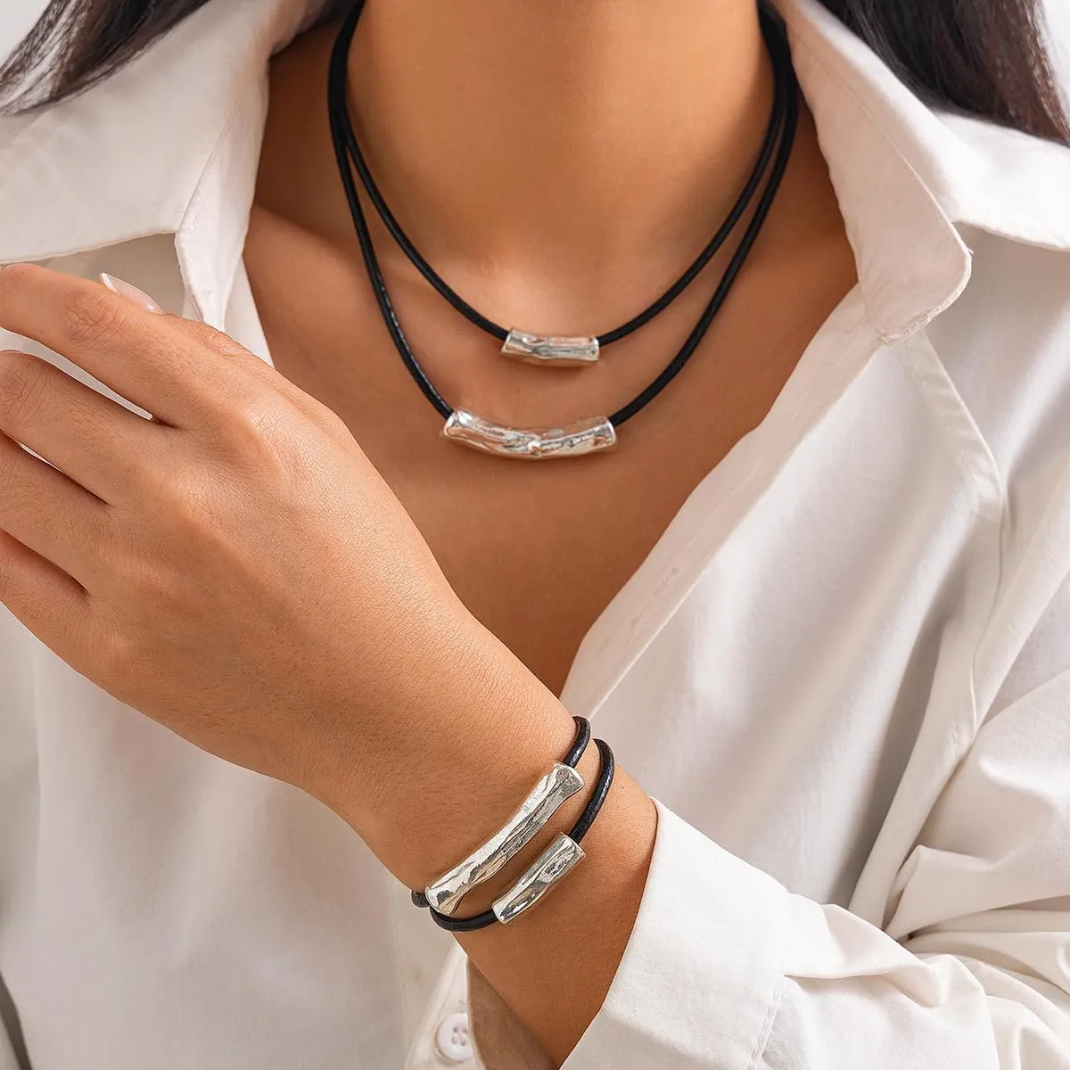Black Woven Leather Necklace Wax Rope Chain for Women Simple Stylish Silver Cylindrical Bamboo Pendant with Wax Thread Necklace Double Layer Minimalist Pendant Black Necklace Bracelet Set for Women