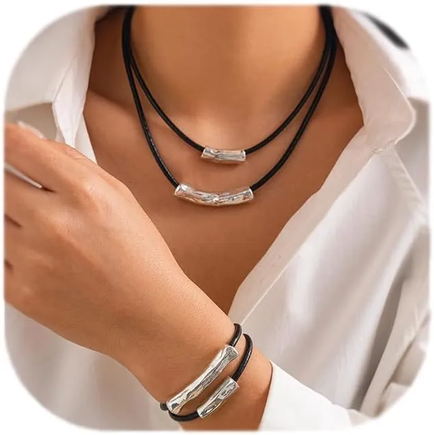 Black Woven Leather Necklace Wax Rope Chain for Women Simple Stylish Silver Cylindrical Bamboo Pendant with Wax Thread Necklace Double Layer Minimalist Pendant Black Necklace Bracelet Set for Women