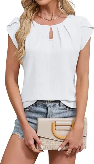Blooming Jelly Women's Dressy Casual Blouses Business Short Sleeve T Shirts Summer Work Top Pleated Keyhole Shirts