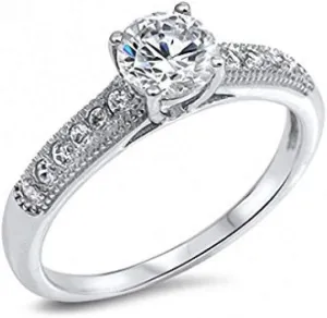 Blue Apple Co. Antique Vintage Style Engagement Ring Solitaire Accent Round CZ 925 Sterling Silver Choose Color