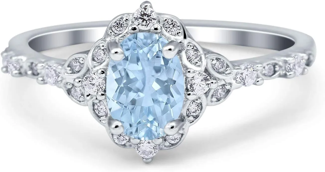 Blue Apple Co. Oval Art Deco Wedding Engagement Ring Accent Vintage Simulated Cubic Zirconia 925 Sterling Silver