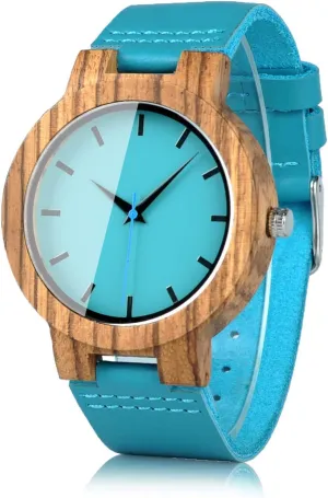 BOBO BIRD Mens Women's Bamboo Wooden Watch with Blue Cowhide Leather Strap Casual Watches for Love with Box