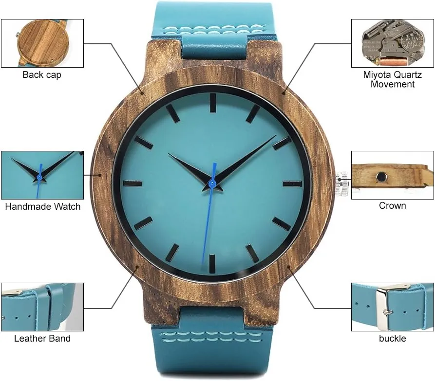 BOBO BIRD Mens Women's Bamboo Wooden Watch with Blue Cowhide Leather Strap Casual Watches for Love with Box