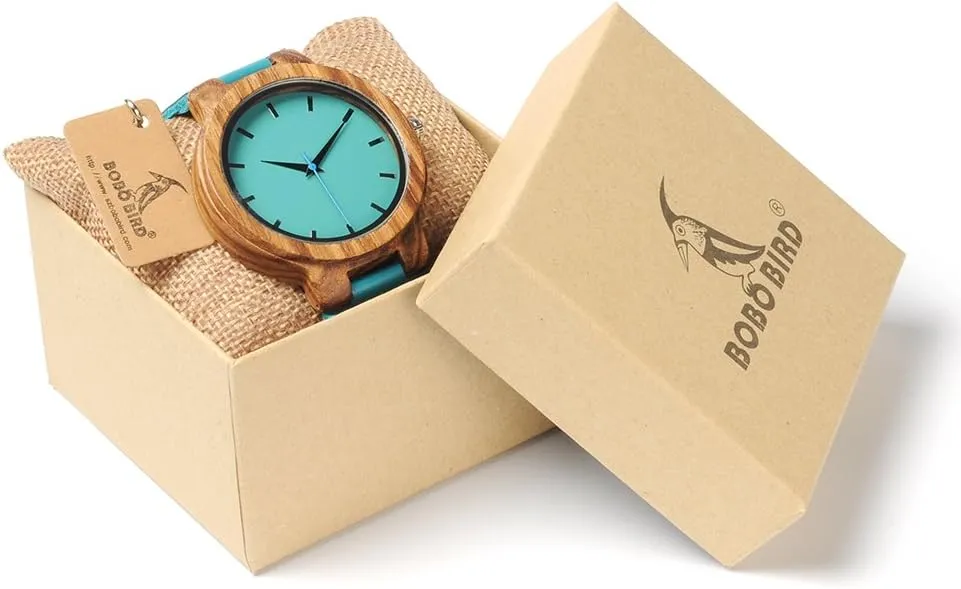 BOBO BIRD Mens Women's Bamboo Wooden Watch with Blue Cowhide Leather Strap Casual Watches for Love with Box