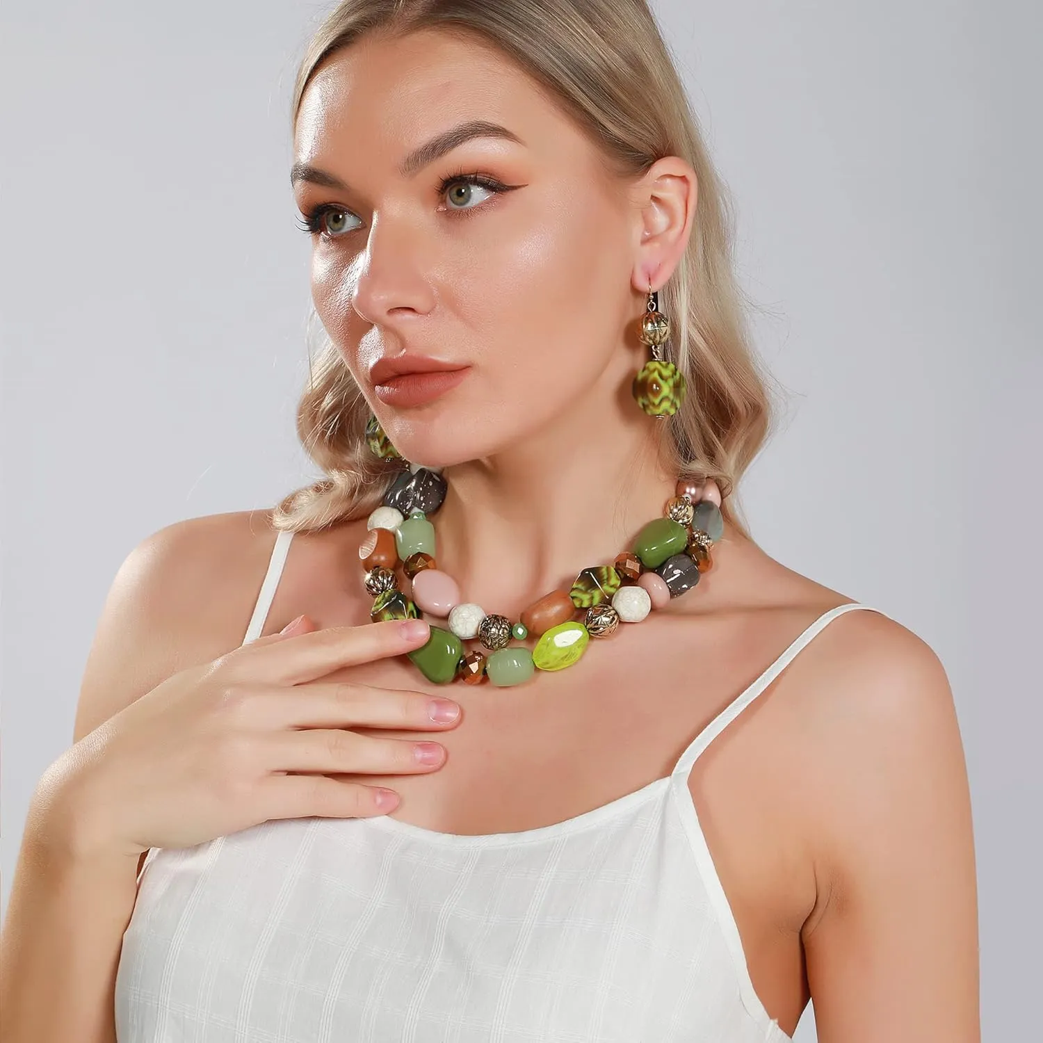 Bocar Chunky Necklace for Women Trendy, 2 Layer Statement Necklace Beaded Necklaces for Women, Fashion Necklace and Earrings Jewelry Set for Women Gifts