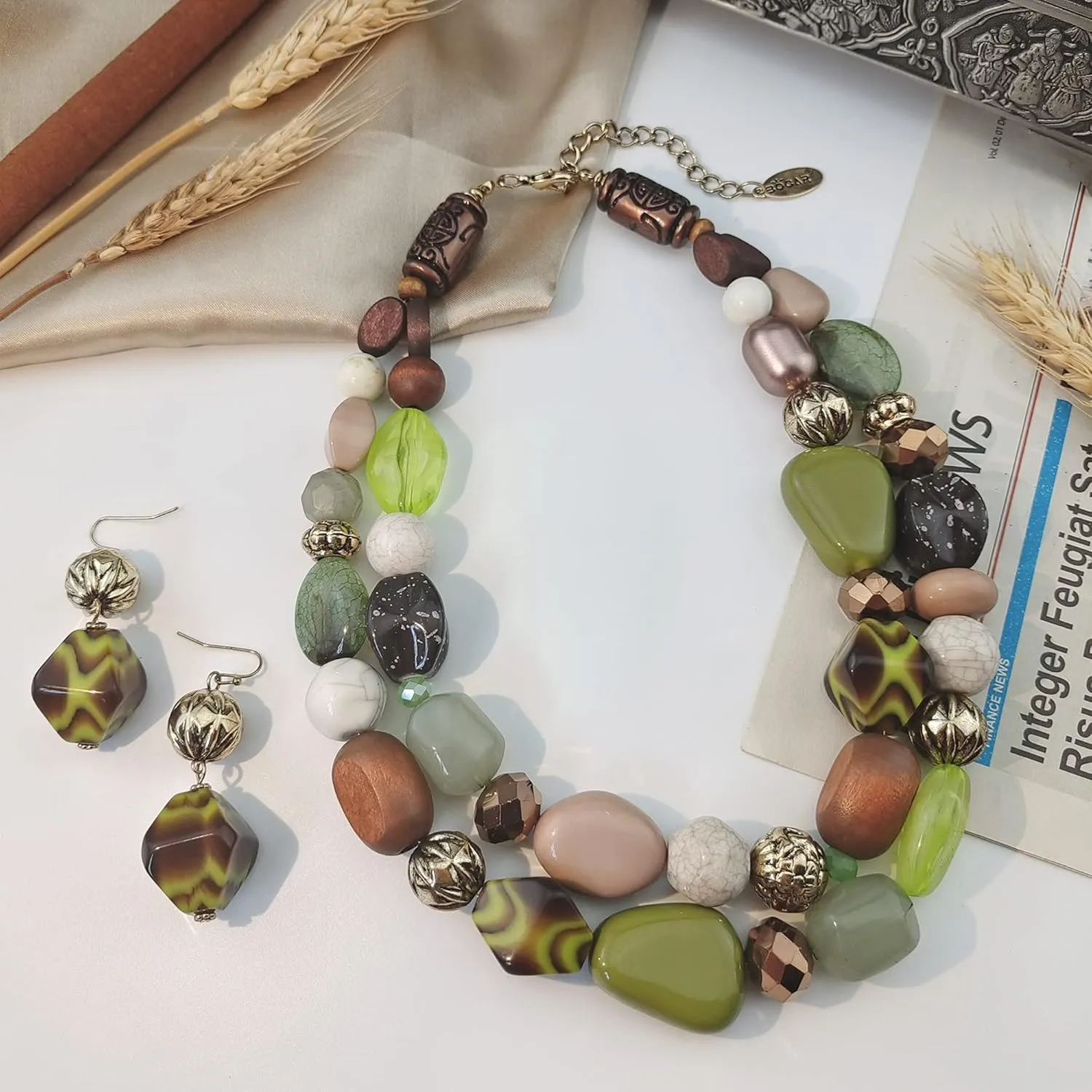 Bocar Chunky Necklace for Women Trendy, 2 Layer Statement Necklace Beaded Necklaces for Women, Fashion Necklace and Earrings Jewelry Set for Women Gifts