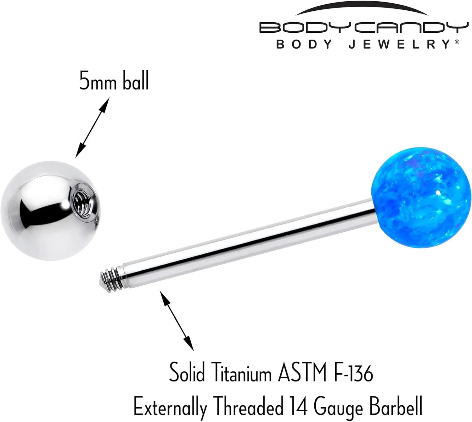 Body Candy 14G Tongue Ring - ASTM F-136 Titanium Straight Barbell Synthetic Opal Ball Tongue Piercing for Women Men
