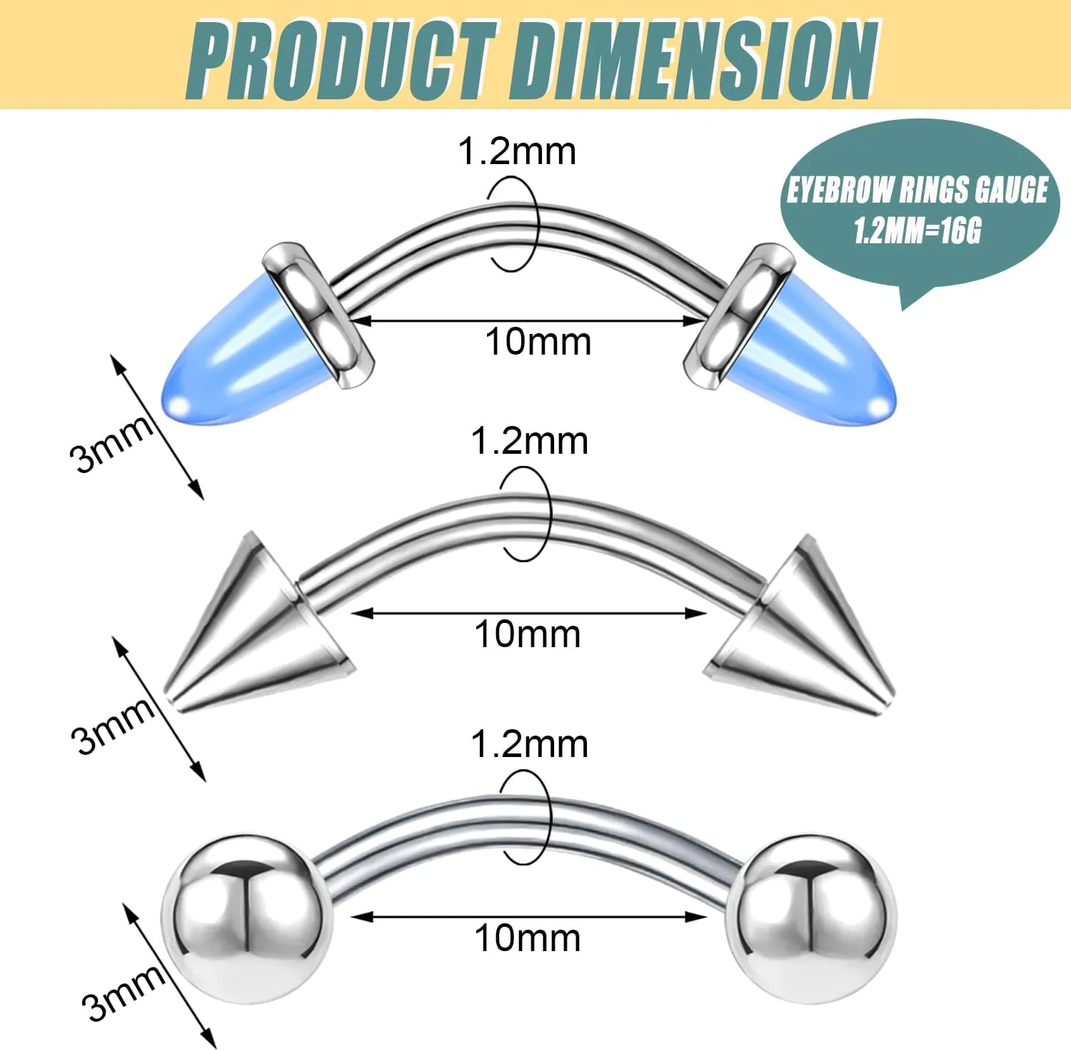 BodyAce 16G Agate Rook Eyebrow Piercing Jewelry, 12pcs Snake Eyes Tongue Rings Eyebrow Jewelry for Women, Curved Barbell Tragus Daith Cartilage Rook Earrings