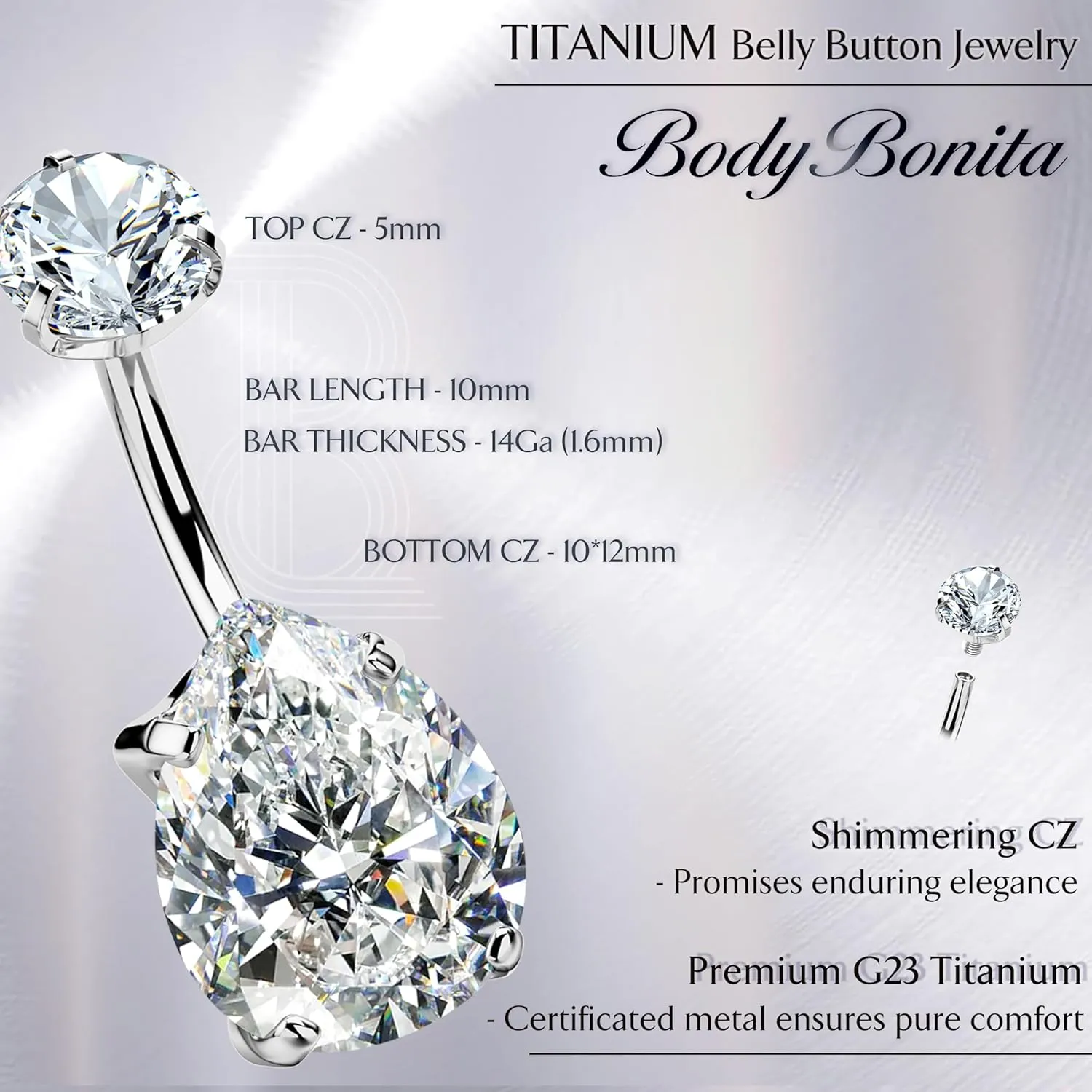 BodyBonita Real Solid G23 Titanium Belly Button Rings - 14G Internally Threaded 10mm Belly Ring Round Square Star Teardrop CZ Navel Rings for Women