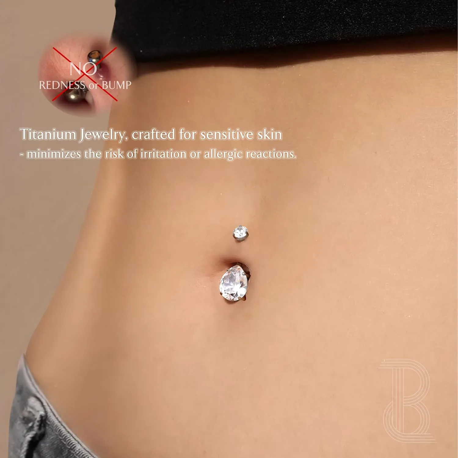 BodyBonita Real Solid G23 Titanium Belly Button Rings - 14G Internally Threaded 10mm Belly Ring Round Square Star Teardrop CZ Navel Rings for Women