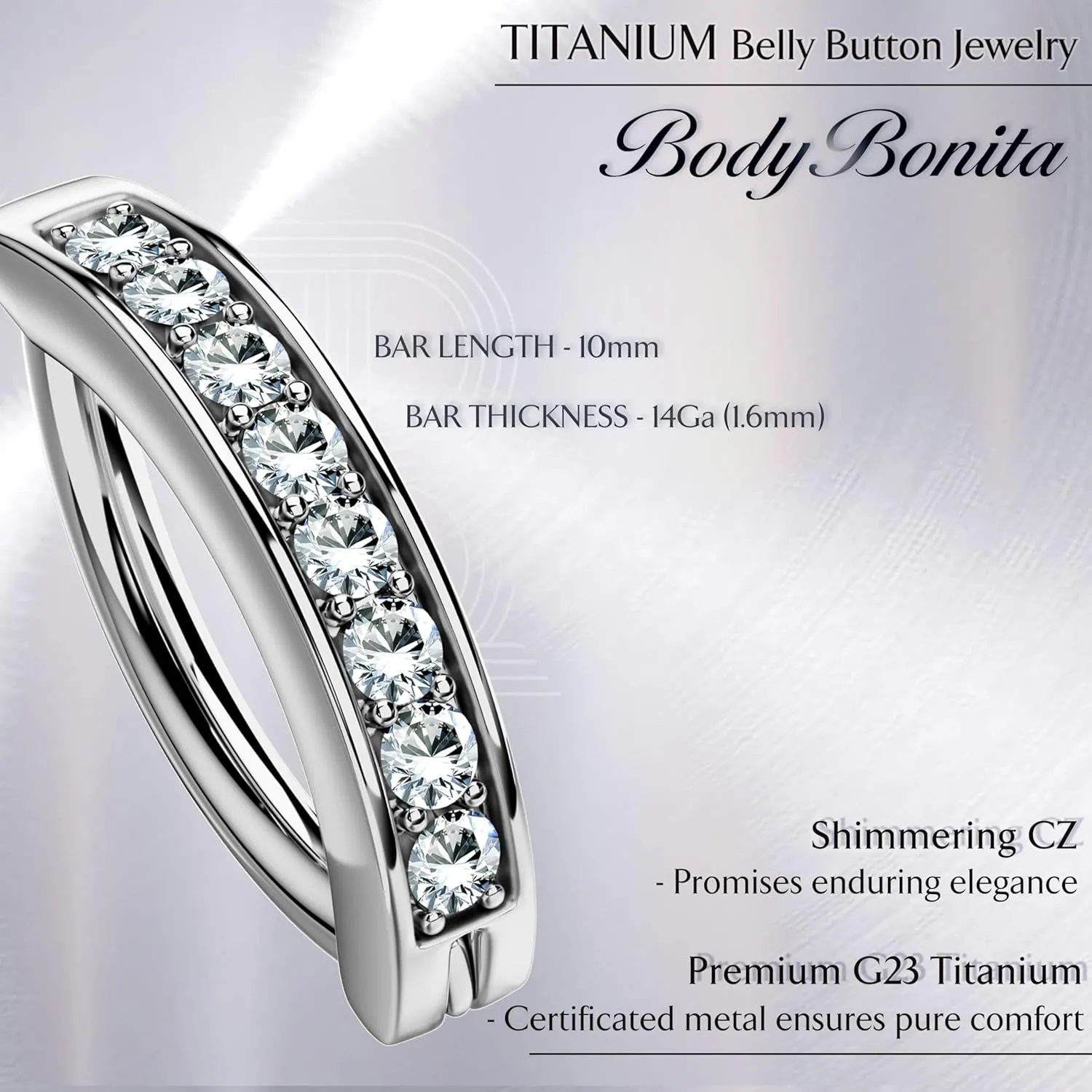 BodyBonita Real Solid G23 Titanium Belly Button Rings - 14G Internally Threaded 10mm Belly Ring Round Square Star Teardrop CZ Navel Rings for Women