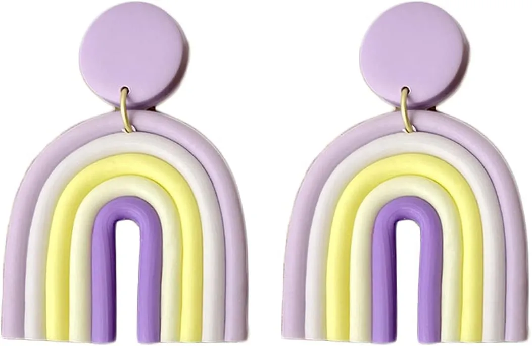 Bohemian Layered Polymer Clay U Shape Rainbow Earrings Lightweight Statement Thick Chunky Rainbow Handmade Ceramic Clay Dangle Earrings for Women Girls Birthday Jewelry Gift