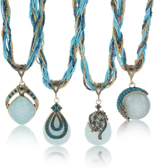 Bohemian Turquoise Necklaces 4 Pcs Turquoise Jewelry for Women Lady Retro Vintage Bohemian Style Woven Rope Chain Turquoise Rhinestone Pendant Collar Necklace Fashion Bohemian Jewelry