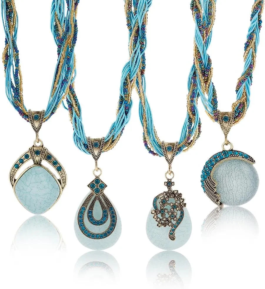 Bohemian Turquoise Necklaces 4 Pcs Turquoise Jewelry for Women Lady Retro Vintage Bohemian Style Woven Rope Chain Turquoise Rhinestone Pendant Collar Necklace Fashion Bohemian Jewelry