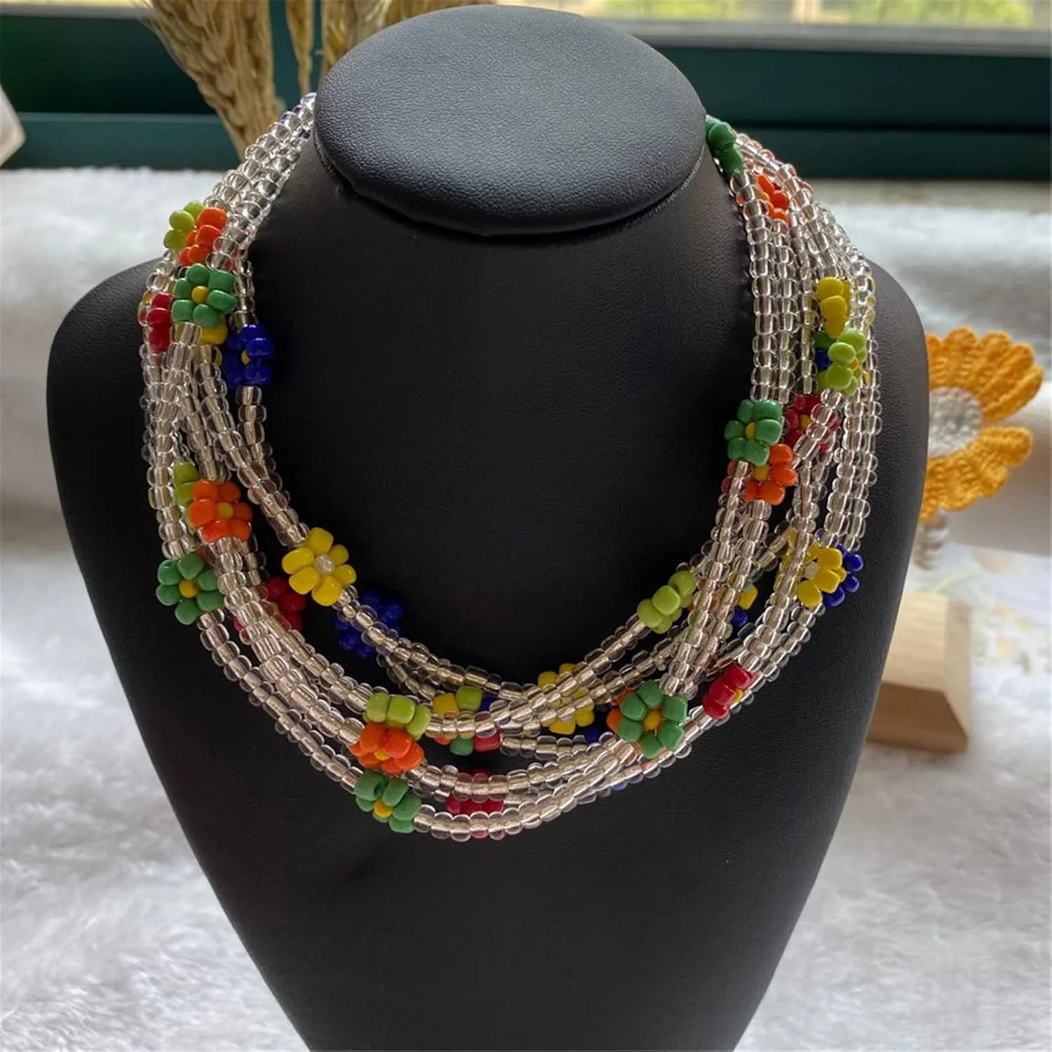 Boho Seed Bead Rainbow Daisy Flower Choker Necklace Collar Colorful Chain Necklaces Collar Adjustable Jewelry for Women Hawaiian Bohemian