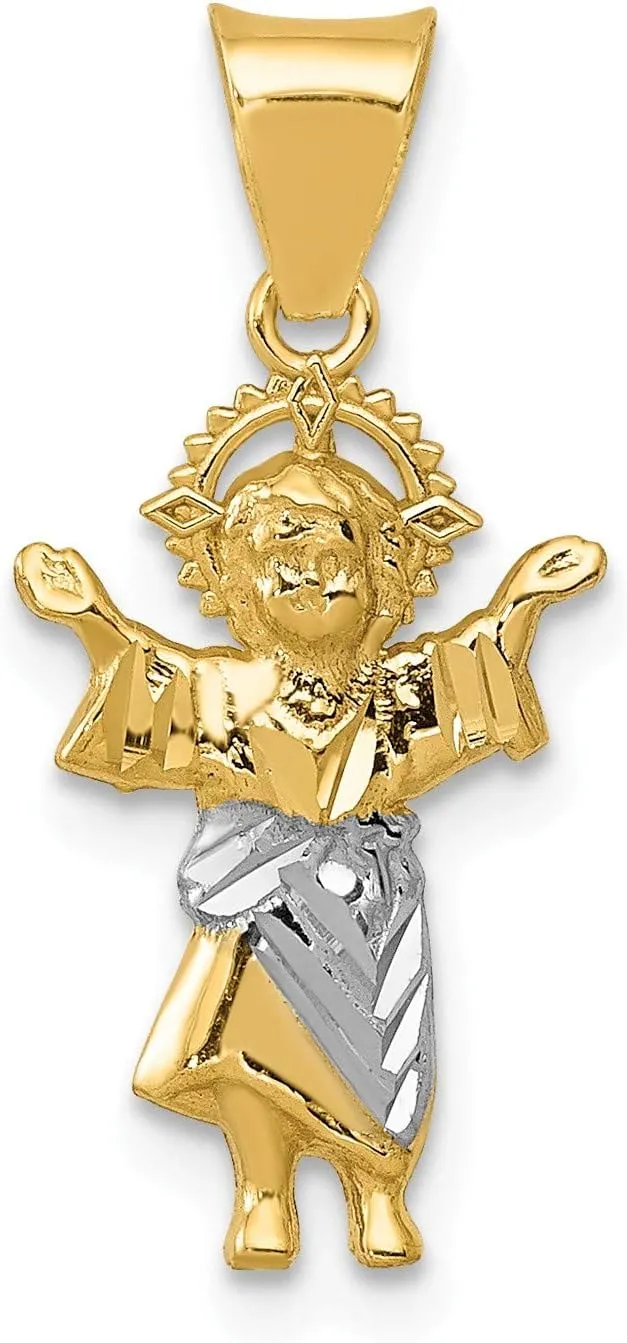 Bonyak Jewelry with Rhodium Diamond-Cut Polished Jesus Pendant in 14K Yellow Gold w/Rhodium P