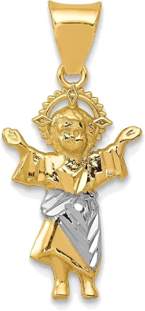 Bonyak Jewelry with Rhodium Diamond-Cut Polished Jesus Pendant in 14K Yellow Gold w/Rhodium P