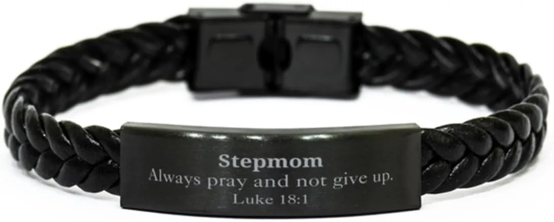 Braided Leather Bracelet Stepmom Gifts Luke 18:1 Prayer Inspiration Hope Confidence Birthday Christmas Easter Graduation Veteran Day Unique Bracelet Gifts for Stepmom Always pray and not give up.