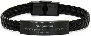 Braided Leather Bracelet Stepmom Gifts Luke 18:1 Prayer Inspiration Hope Confidence Birthday Christmas Easter Graduation Veteran Day Unique Bracelet Gifts for Stepmom Always pray and not give up.