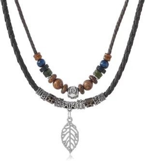 Braided Men Women Boho Vintage Two Layers Wooden Beaded Necklace With Charm Leaf Pendant Tribal Stylish for Gift