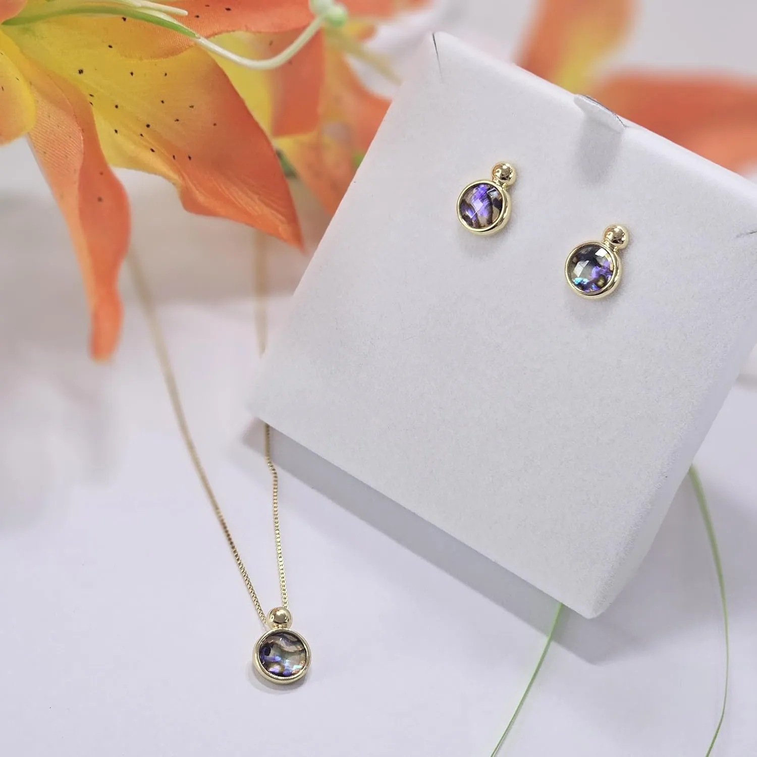 Brazilian Designed Gold Plated Earrings and Necklace with natural gemstone - Comfy Hypoallergenic Statement Jewelry set for Women 0.7 inch (1,8 cm) Made in Brazil