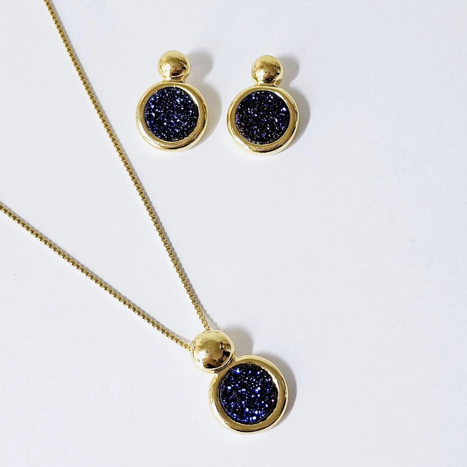 Brazilian Designed Gold Plated Earrings and Necklace with natural gemstone - Comfy Hypoallergenic Statement Jewelry set for Women 0.7 inch (1,8 cm) Made in Brazil