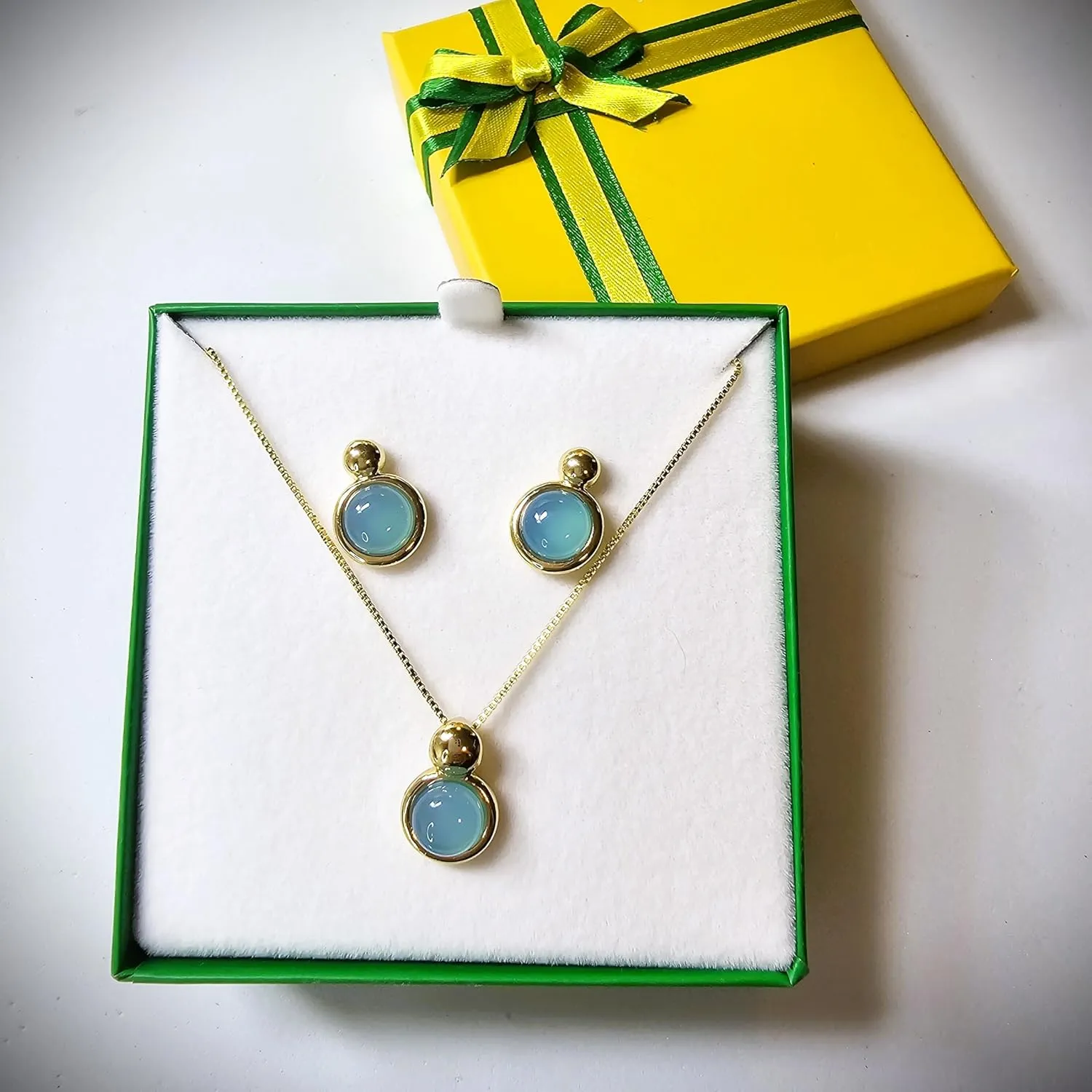 Brazilian Designed Gold Plated Earrings and Necklace with natural gemstone - Comfy Hypoallergenic Statement Jewelry set for Women 0.7 inch (1,8 cm) Made in Brazil