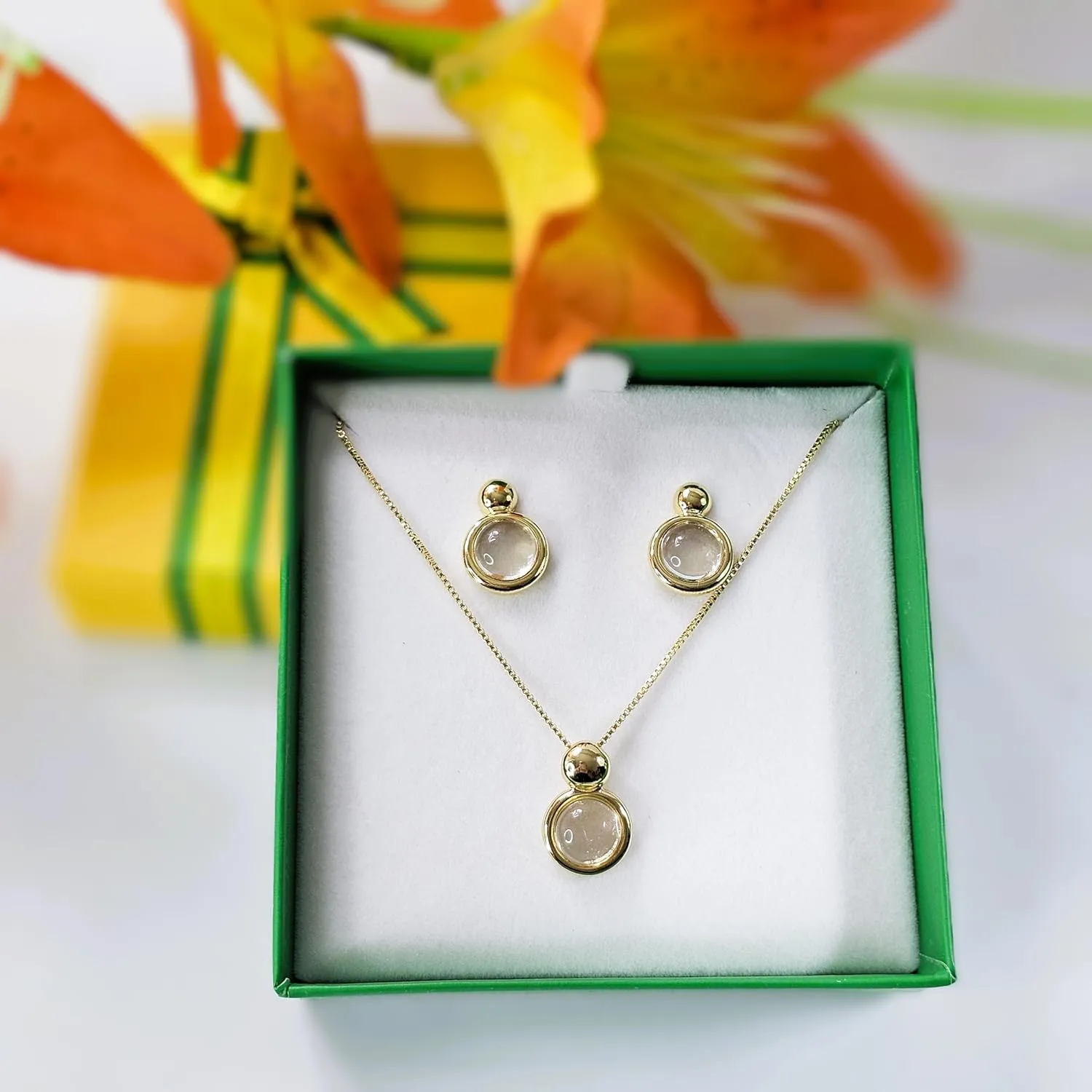 Brazilian Designed Gold Plated Earrings and Necklace with natural gemstone - Comfy Hypoallergenic Statement Jewelry set for Women 0.7 inch (1,8 cm) Made in Brazil