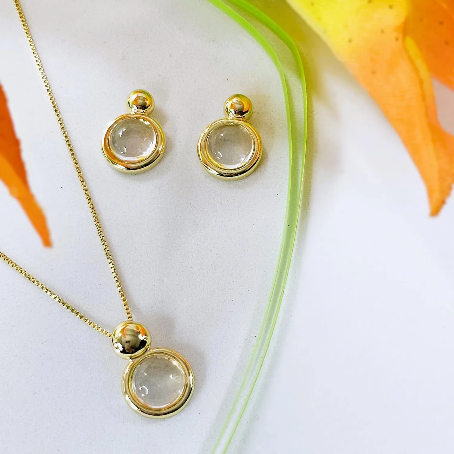 Brazilian Designed Gold Plated Earrings and Necklace with natural gemstone - Comfy Hypoallergenic Statement Jewelry set for Women 0.7 inch (1,8 cm) Made in Brazil