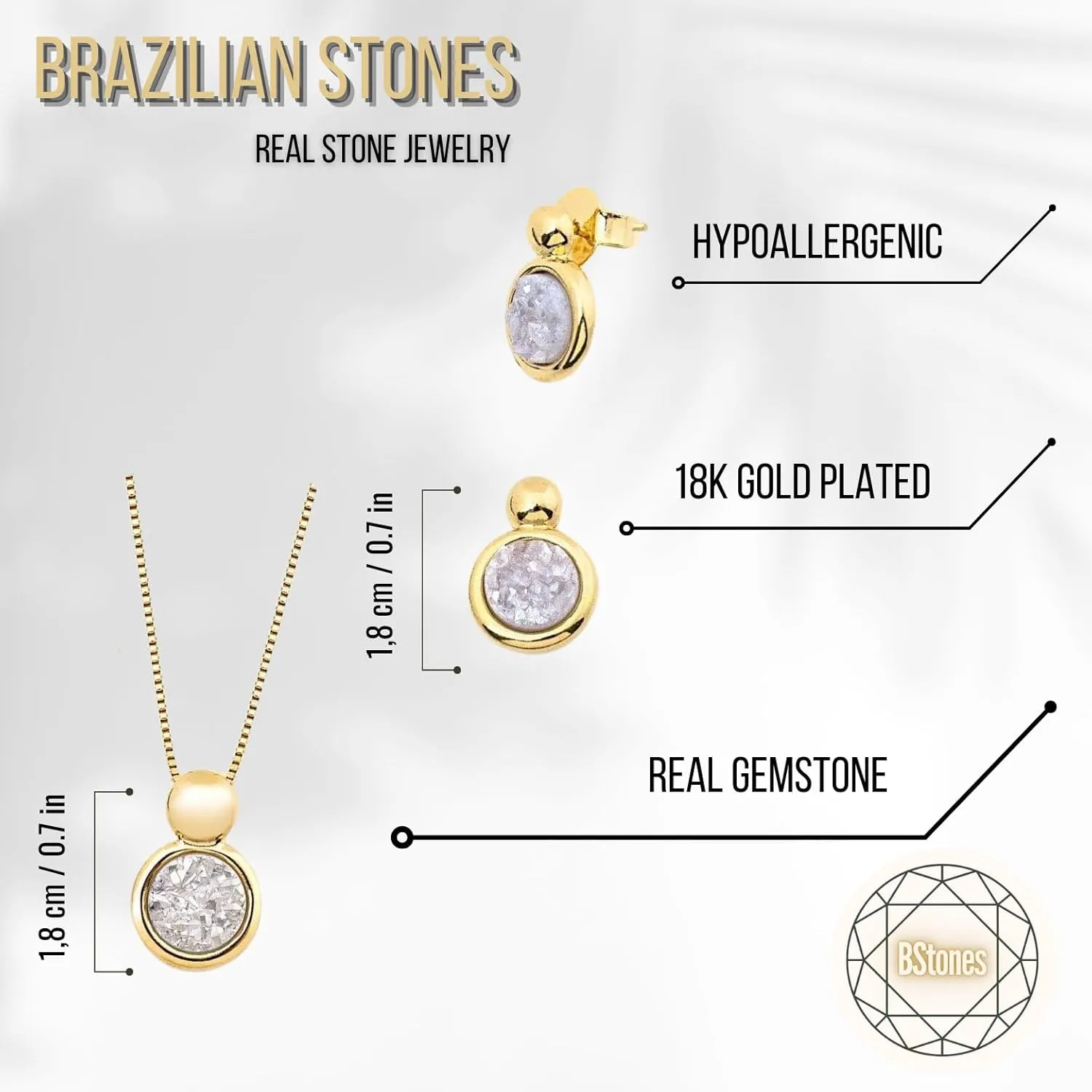 Brazilian Designed Gold Plated Earrings and Necklace with natural gemstone - Comfy Hypoallergenic Statement Jewelry set for Women 0.7 inch (1,8 cm) Made in Brazil