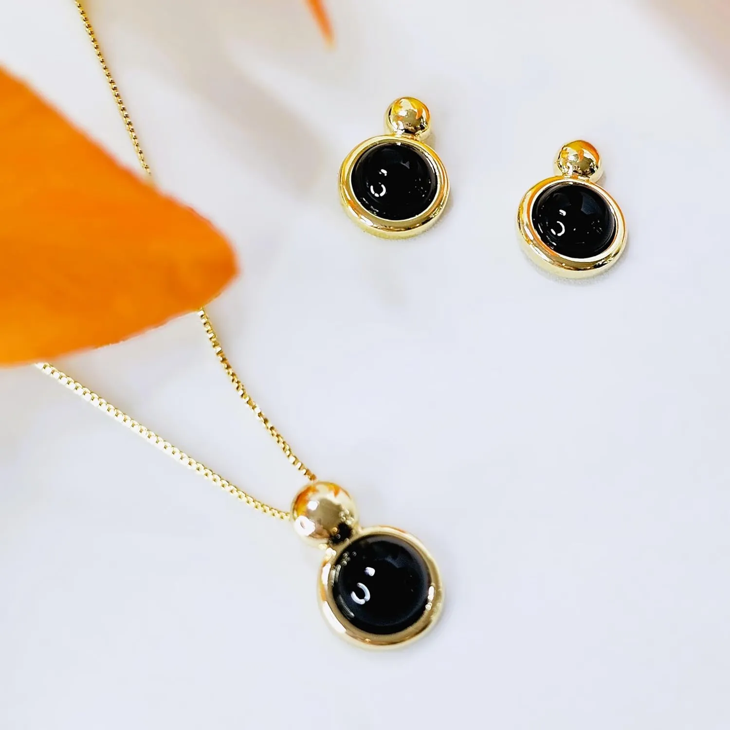 Brazilian Designed Gold Plated Earrings and Necklace with natural gemstone - Comfy Hypoallergenic Statement Jewelry set for Women 0.7 inch (1,8 cm) Made in Brazil