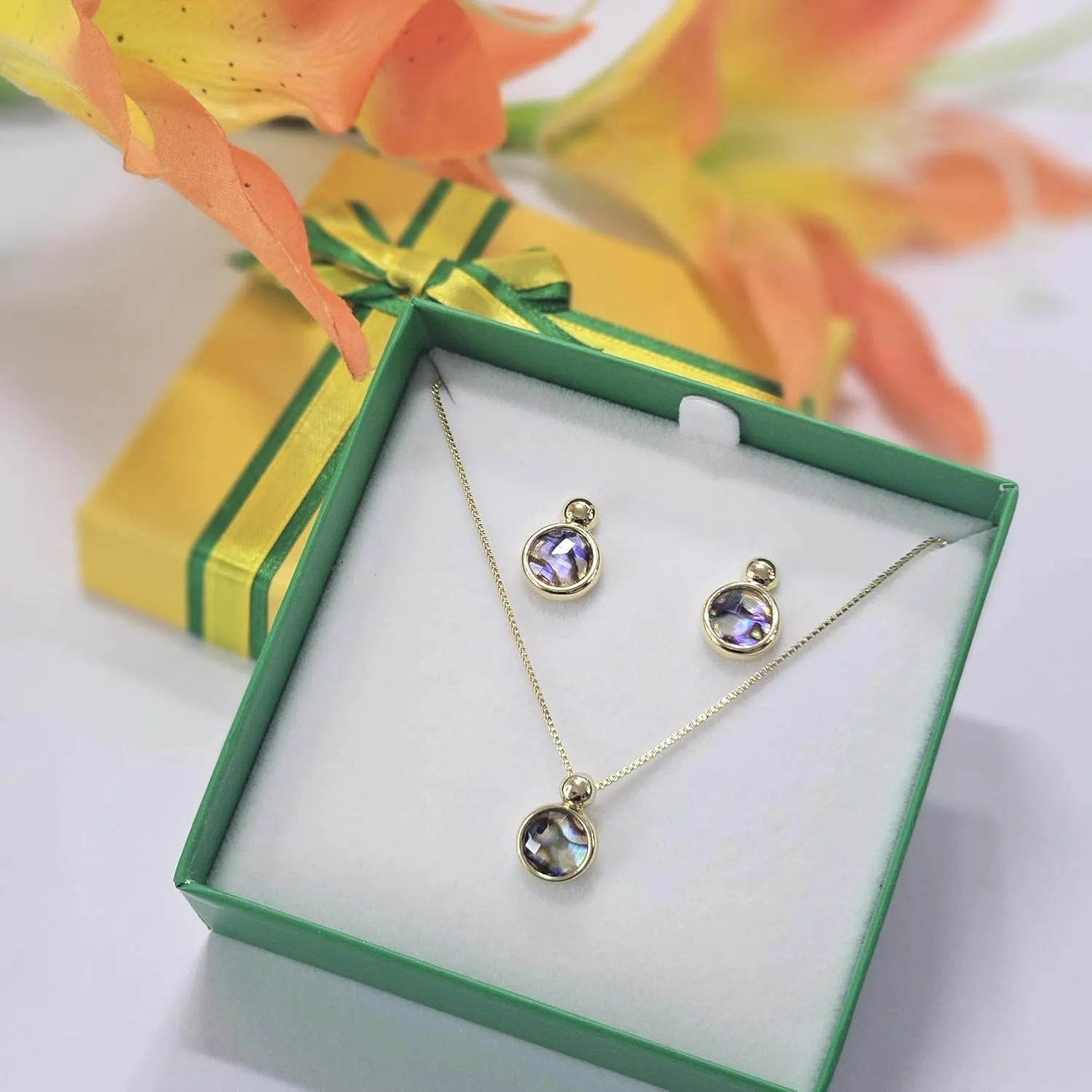 Brazilian Designed Gold Plated Earrings and Necklace with natural gemstone - Comfy Hypoallergenic Statement Jewelry set for Women 0.7 inch (1,8 cm) Made in Brazil