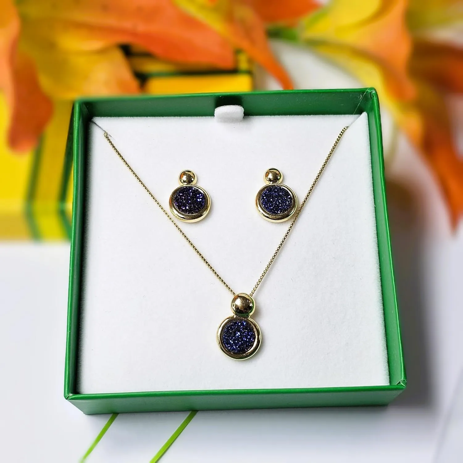 Brazilian Designed Gold Plated Earrings and Necklace with natural gemstone - Comfy Hypoallergenic Statement Jewelry set for Women 0.7 inch (1,8 cm) Made in Brazil