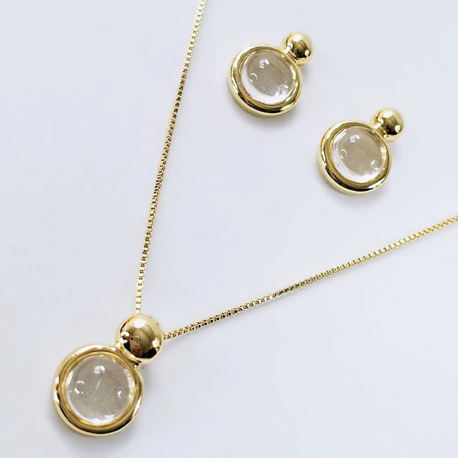 Brazilian Designed Gold Plated Earrings and Necklace with natural gemstone - Comfy Hypoallergenic Statement Jewelry set for Women 0.7 inch (1,8 cm) Made in Brazil